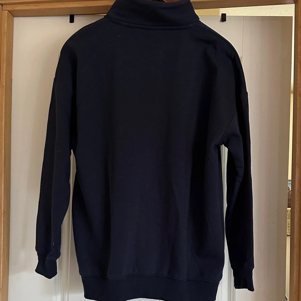 Navy Zip-Up Sweater with Bold Print - Picture 2 of 3
